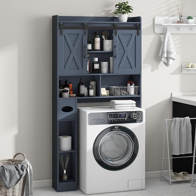 Vabches Over The Toilet Storage Cabinet, Farmhouse Storage Cabinet Over Toilet with Sliding Doors，Home Space-Saving Toilet Rack, for Bathroom, Restroom, Laundry