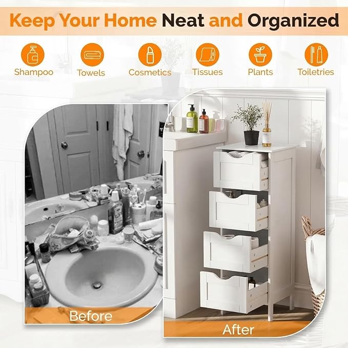 Bonnlo Skinny Bathroom Floor Storage Cabinet,White 12 Inch Wide Deep Small Storage Organizer with 4 Drawers, Wooden Modern Thin Free Standing Tower Cabinet w/ 4 Cute Drawers for Bathroom, Living Room