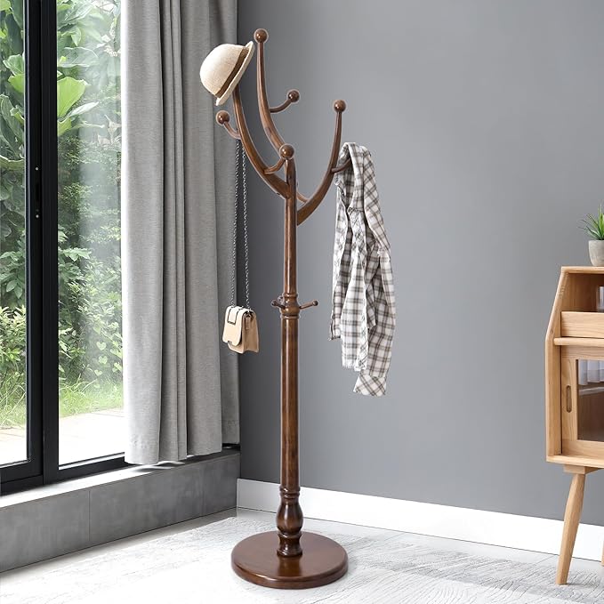 Bekrvio Coat Rack Freestanding Coat Tree with Sturdy Round Base, Unique Coat Hanger Stand, Heavy Duty Standing Coat Rack Clothes Stand for Winter Jacket, Hat, Entryway/Hallway/Bedroom, Walnut