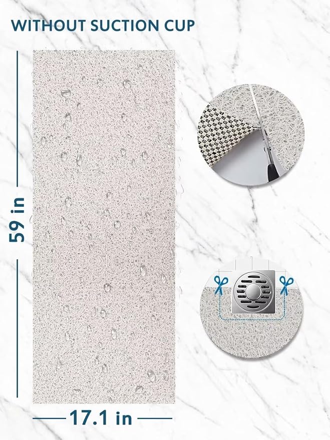 godehone Shower Mats Non Slip Without Suction Cups, PVC Loofah Bathroom Mats, Loofah Mats for Shower and Bathroom, Quick Drying, 17.1× 59 Inch, White