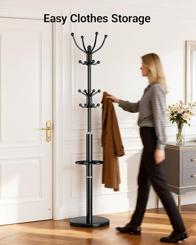 Pipishell Metal Heavy Duty Coat Rack with Sturdy Marble Base, Coat Tree with 16 Hooks & Detachable Umbrella Holder,Coat Rack Freestanding for Entryway, Corner, Bedroom and Home Office, Black