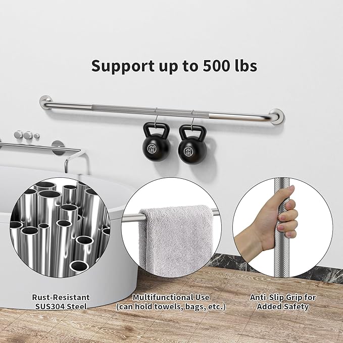 48 Inch Anti Slip Shower Grab Bar, Munzong Bathroom Grab Bar for Showers, Brushed Nickel Knurled Handicap Balance Bar,Safety Hand Rail Support Elderly Senior Assist Bath Handle