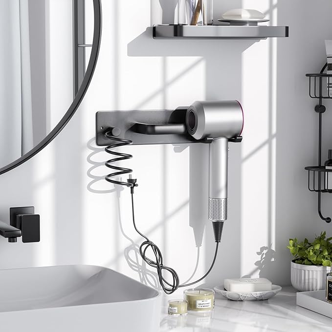 Tindbea Hair Dryer Holder Wall Mount Aluminum Alloy Hot Tools Organizer | Heavy Duty, Matte Black