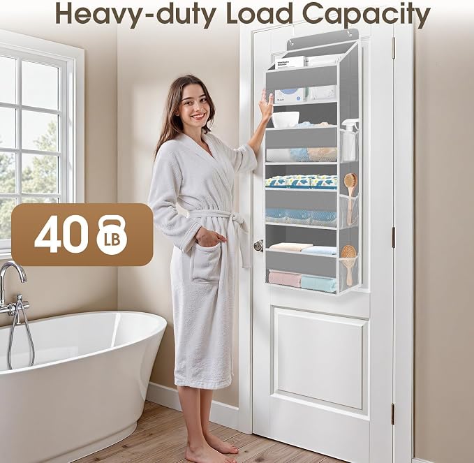SpaceHacks 2 Pack Over The Door Organizer, Hanging Storage Organizer with Clear Window, 40lb Ultra Sturdy Large Capacity Room Organizer for Pantry Laundry Bathroom Nursery Closet (Grey)