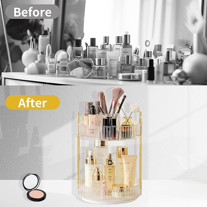 Asayuee 360 Rotating Makeup Organizer,2 Tier Large Capacity Make Up Organizers and Storage,Skincare Perfume Vanity Organizers,Bathroom Cosmetics Storage Organizer Countertop(Clear)