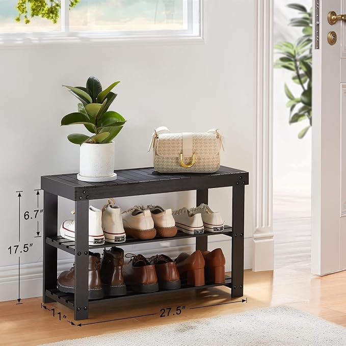 Pipishell Bamboo Shoe Rack Bench, 3 Tier Sturdy Shoe Organizer, Storage Shoe Shelf, Holds up to 300lbs for Entryway Bedroom Living Room Balcony, Black