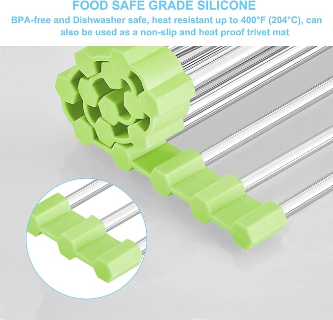 Seropy Roll Up Dish Drying Rack Over The Sink Drying Rack for Kitchen Counter, Rolling Dish Rack Over Sink Mat, Foldable Dish Drainer Stainless Steel Rack Kitchen Organization Green 17.5"x11.8"