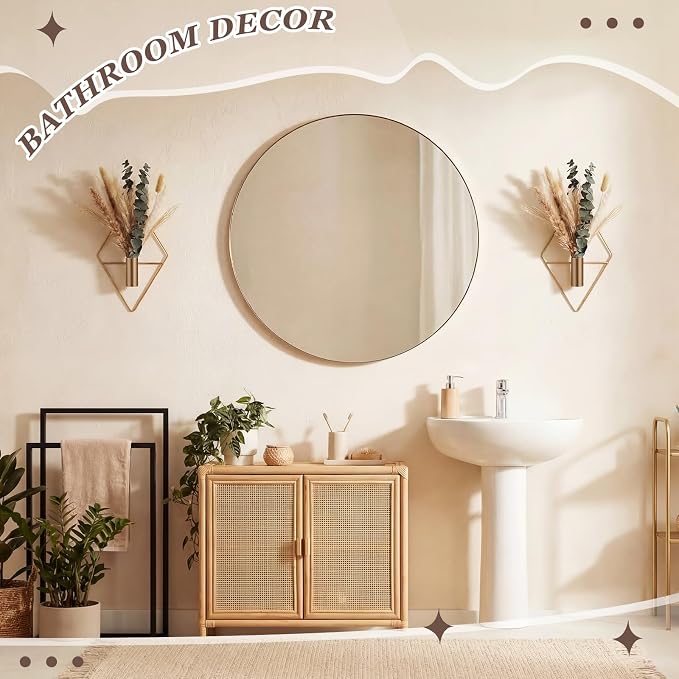 Jexine 4 Pcs Hanging Planters with Artificial Pampas Metal Hanging Vase Indoor Plants Holder Modern Geometric Boho Bathroom Wall Decor for Living Room Home Office, Antique Copper