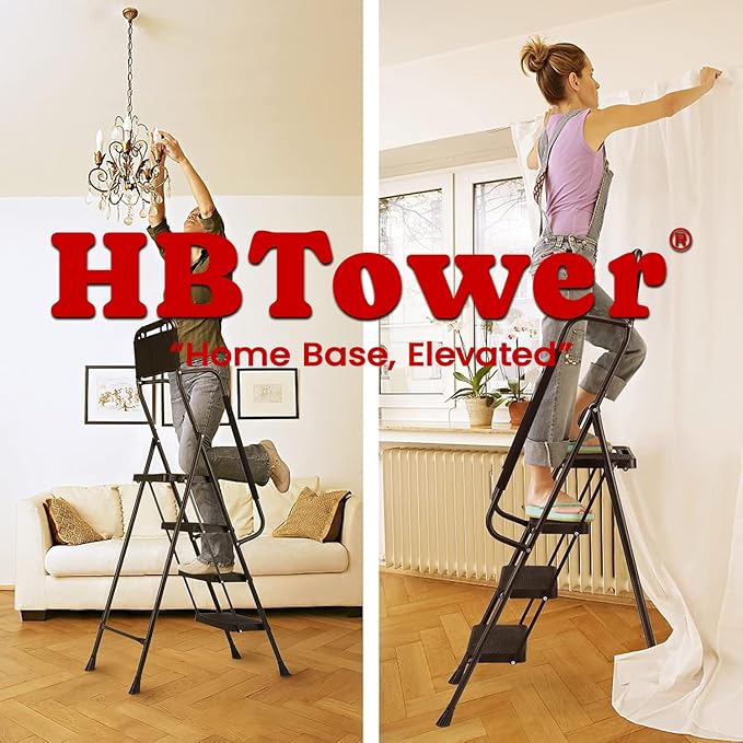 HBTower 4 Step Ladder with Handrails, 330 lbs Folding Step Stool with Attachable Tool Bag & Anti-Slip Wide Pedal for Home Kitchen Pantry Office, Black