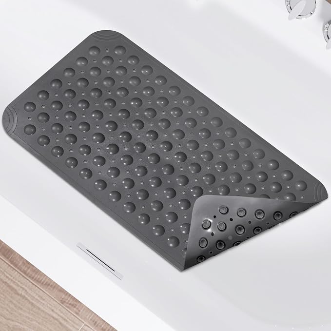 WarmSnow Non Slip Shower Mats for Inside Shower 15 x 27.5 Inch, TPE Bathtub Mat Non-Slip, Bath Mat for Tub with Suction Cups, Drain Holes Bath Tub Mat for Bathroom, Dark Gray