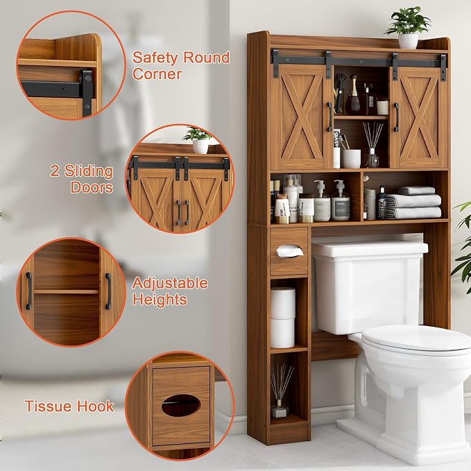 Vabches Over The Toilet Storage Cabinet, Farmhouse Storage Cabinet Over Toilet with Sliding Doors，Home Space-Saving Toilet Rack, for Restroom, Bathroom, Laundry,Caramel