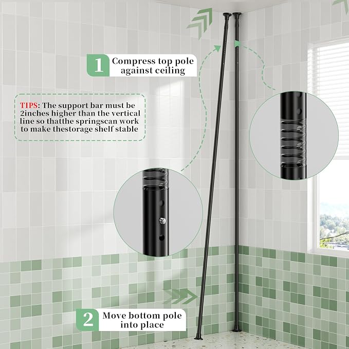 akinbas Tension Pole Shower Caddy Organizer with 4 Tier L-Shaped Rust Resistant Bathroom Corner Shelves with 34-124 Inch Adjustable No Drilling Quick Install Shower Rack for Bath Essentials (Black)