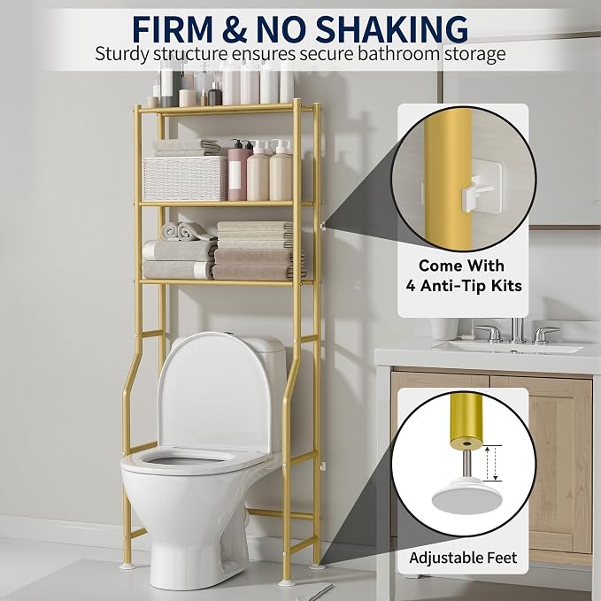 GloTika 3-Tier Over Toilet Storage Rack, Metal Over Toilet Bathroom Organizer Shelf, Freestanding Space Saver Storage Shelves for Bathroom/Laundry/Living Room (Gold)