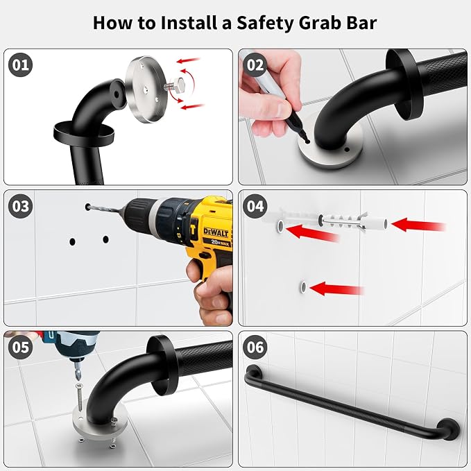 Black Grab Bar 32 Inch, iHansee Anti-Slip Bathroom Grab Bar w/Knurled Grip, Stainless Steel Safety Handrail for Toilet Bathtub Shower, Wall Mounted Matte Black Handicap Bars Handle for Senior Elderly