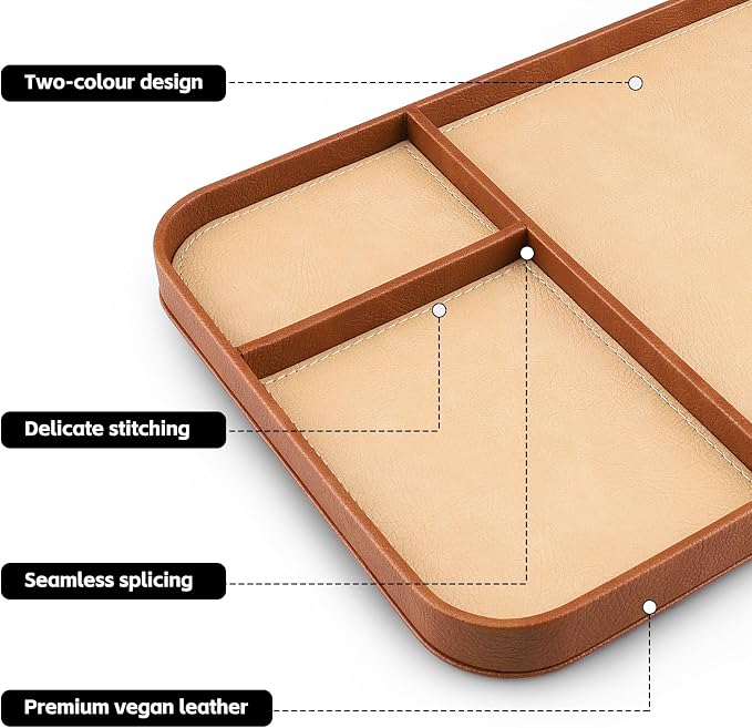 SENEN Leather Tray, Stylish and Organized Multifunctional Tray, for Table Entryway, Premium PU Leather, Catchall Tray for Keys, Watch, Wallet, Jewelry, and More (Brown Frame)