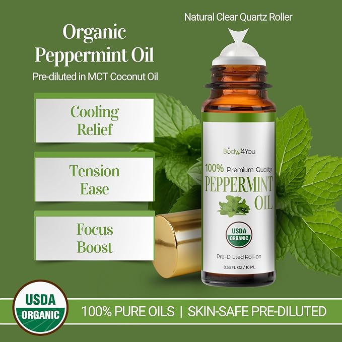 Peppermint Essential Oil Roll On for Nausea Relief Morning Sickness Pregnancy - 100% Pure USDA Organic MCT Coconut Oil - Headache Migraine Pregnant Women Safe Cooling - Gemstone Roller 10ml Travel