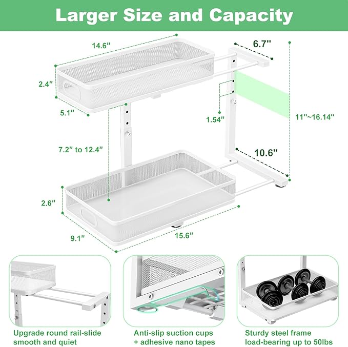Under Sink Organizer, High Adjustable 2 Tier Under Sink Organizers and Storage, Slide out Metal Cabinet Organizers, Pull out Storage Drawer Shelf for Kitchen Bathroom Cabinet (1, White)