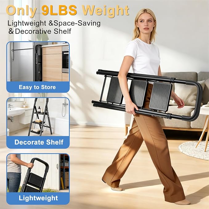 3 Step Ladder Folding Step Stool with Handrail 500LBS Capacity Sturdy Carbon Steel Frame Anti-Slip Pedal & Feet Portable for Home Kitchen Garage Bathroom (black-3step)