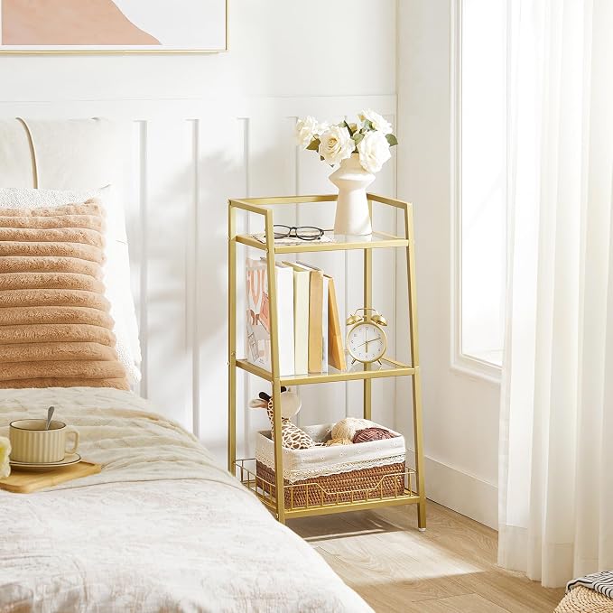 HOOBRO Gold Glass Shelf Stand, 3 Tier Standing Shelf Unit, Bathroom Organizer and Storage, Floor Storage Shelves Waterproof, for Bathroom, Laundry, Toilet, Tempered Glass, Gold GD77CJ01