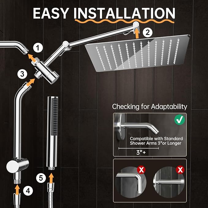 Veken All Metal 12" Large Shower Head with Handheld, Full Body Coverage，Luxurious Square Double Large Rain Shower Heads,Power Wash Wand, Dual Big Detachable Rainfall Showerhead with Spray Combo,Chrome