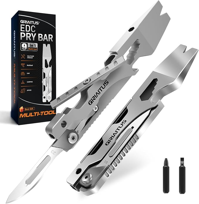 Multitool Pry Bar Wrench Tool with Flat/Phillips Screwdriver Folding Multi-tool Box Cutter Blade Knife, Bottle Opener, Steel Handle, Everyday Carry, Cycling, Camping EDC Pocket Gadget Gifts for Men