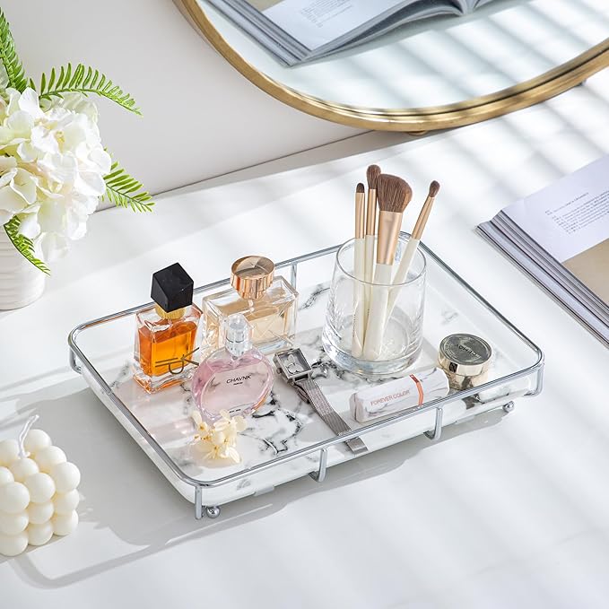 Dobbyby Vanity Tray Makeup Organizer Cosmetics Storage Bathroom Skincare Organizer Countertop Display Rack in Dresser Stainless Steel Shelf Marble Print Ceramic Trays