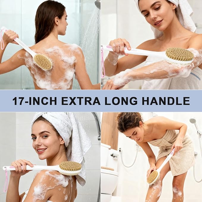 Back Scrubber for Shower with Long Handle, Exfoliating Bath Brush for Body - Double Sided Bristles (Stiff & Soft), Anti-Slip Grip, Lightweight - Gift for Seniors, Includes Lanyard & Hook, Pink