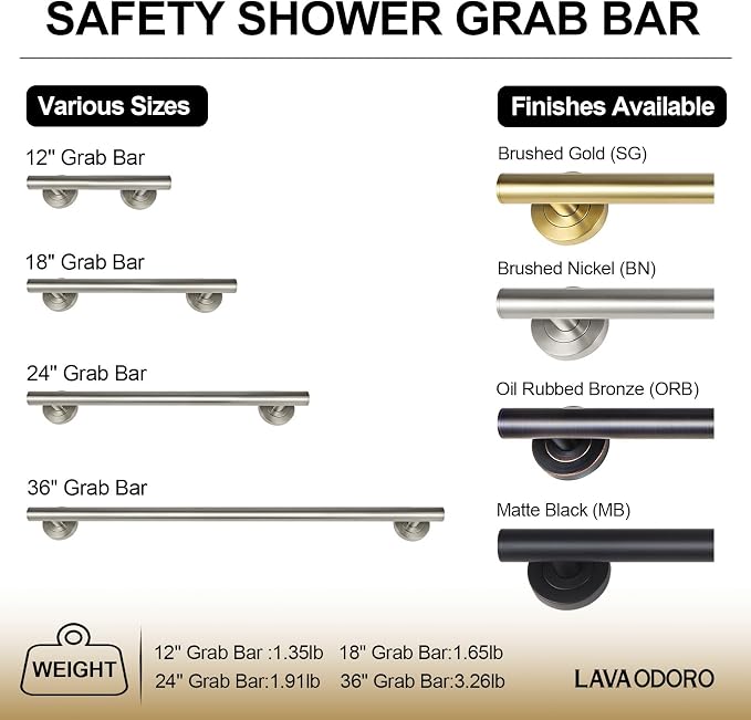 Lava Odoro Shower Grab Bar, Modern Stainless Steel Handicap Grab Bar for Bathtubs and Showers, Shower Safety Bar for Seniors Disabled, ADA-Compliant (Brushed Nickel, 18 Inch)