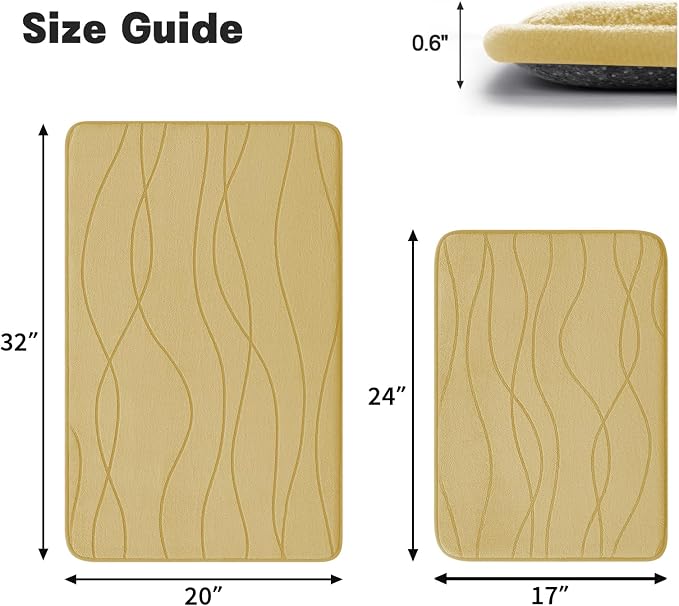 YIHOUSE Memory Foam Bathroom Rug Sets, Beige, 2 Piece 17"x24"+20"x32" | Ultra Soft, Absorbent, Non-Slip, Machine Washable
