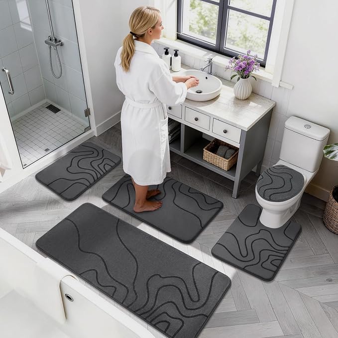 YIHOUSE Memory Foam Bathroom Rugs Sets 2 Piece - Extra Thick Ultra Soft Absorbent Bath Mat Set, Non-Slip Machine Washable Bath Rugs for Bathroom, Tub & Shower, Home Decor (17"x24"+20"x46", Dark Grey)
