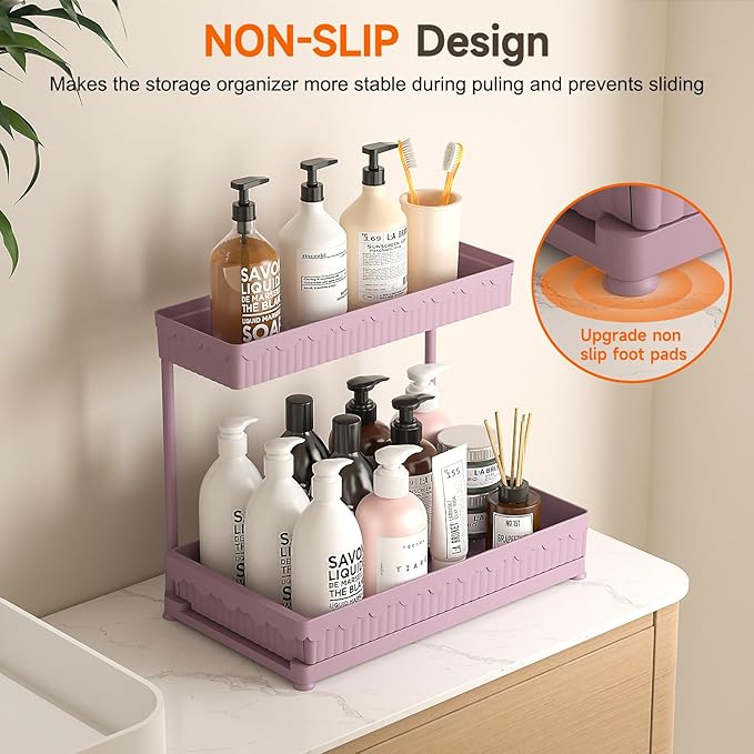 Sevenblue 3 Pack Multi-Purpose Pull-Out Storage Organizers, 2-Tier L-Shaped Under Sink/Cabinet Organizers and Storage for Bathroom & Kitchen,Pink,14.85 Inch