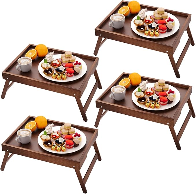 Fibogollo 4 Pack Bamboo Bed Tray Table with Folding Legs,Breakfast Trays,Serving Tray for Food and Snack,Laptop Trays for Working(Brown)