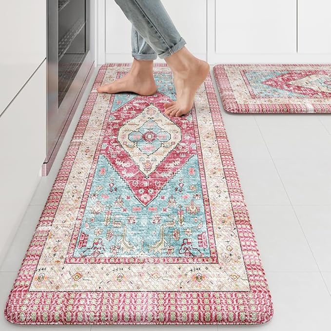 KIMDOE Kitchen Rugs and Mats 2 PCS Cushioned Anti Fatigue Kitchen Floor Mat Non-Skid Waterproof Kitchen Runner Rug Rose Red Laundry Room Rug Boho Desk Mat for Home Kitchen Decor, Floors, Office