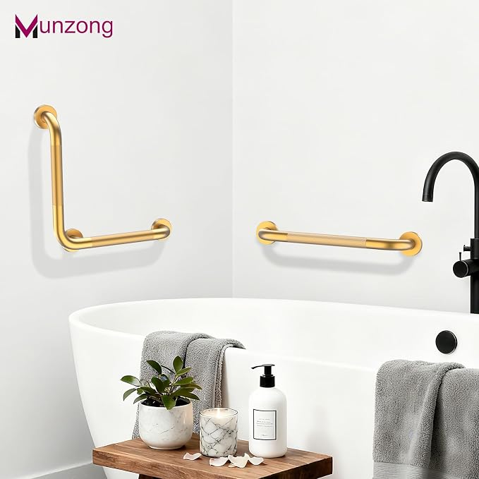 16" Angled Gold Bathroom Grab Bars for Shower with 20" Straight Munzong Toilet Handicap Grab Rail,Anti Slip Stainless Steel Knurled Safety Handle Support Elderly Injury Senior