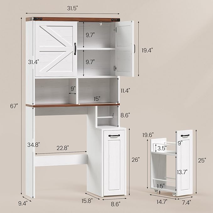 UPOSOJA Farmhouse Over The Toilet Storage Cabinet with Pulley Small Bathroom Storage Cabinet, Space Saver W/Adjustable Shelf & Open Shelf for Bathroom, Restroom, Laundry (White Brown-Type B)