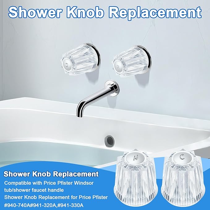 2 Piece Shower Knob Replacement and Flange Base, Clear Acrylic Plastic Hot and Cold Shower Knob Compatible with Price Pfister Contessa and Windsor Bathtub Shower Faucet Handle