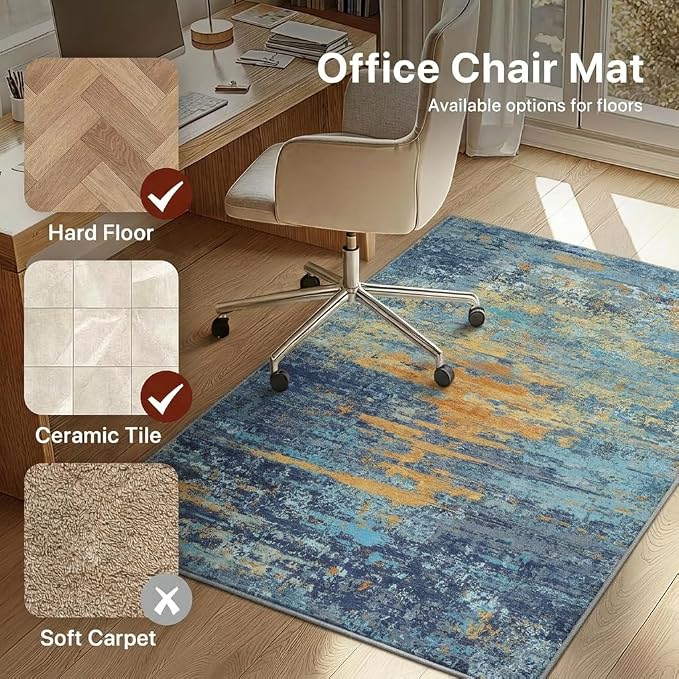 48"x72" Office Chair Mat for Hardwood Tile Floor, Under Desk Carpet Protector for Rolling Computer Chair Mat, Machine Washable Area Rug, Anti-Slip 1/5" Thick Low Pile Thin Vinyl Floor Mat, Blue Orange