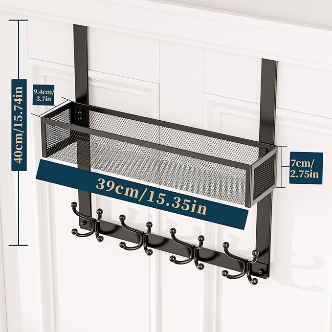 Consumest Over The Door Hooks Organizer - 2 Tier Over Door Hanger with 16 Hooks & 2 Baskets for Hanging Coat, Clothing, Towel, Back Storage for Bathroom, Closet, College Dorm, Black