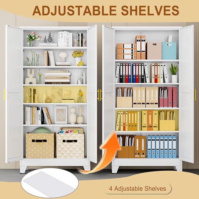 75" White Tall Metal Garage Storage Cabinet with 2 Doors and 5 Adjustable Shelves,Kitchen Pantry Cabinet,File Cabinet,Steel Tool Cabinet for Home,Office,Garage,School,Warehouse