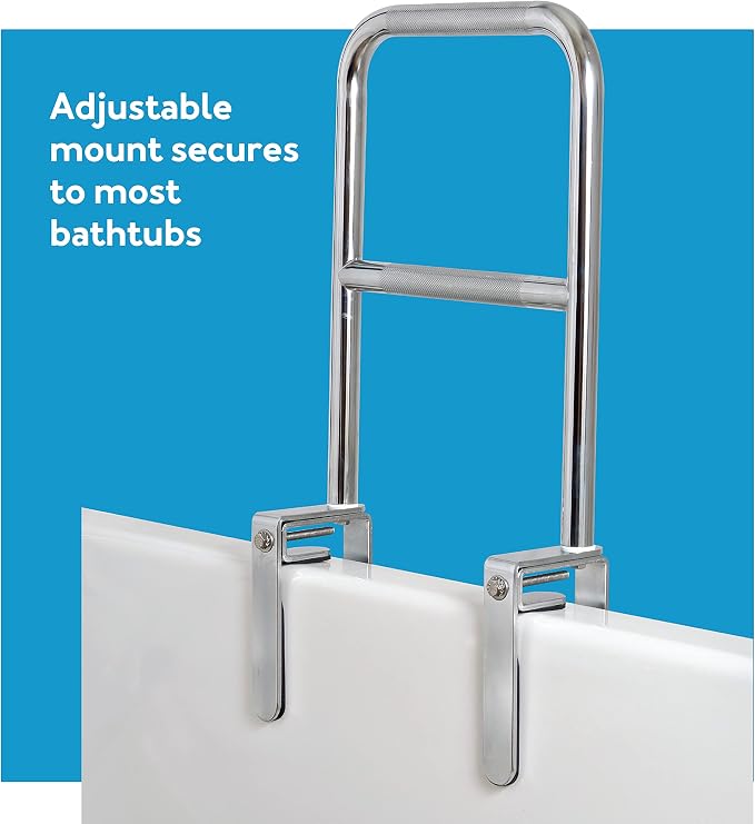 Carex Tri-Grip Bathtub Rail with Chrome Finish - Bathtub Grab Bar Safety Bar For Seniors and Handicap - For Assistance Getting In and Out of Tub, Easy to Install on Most Tubs,Silver