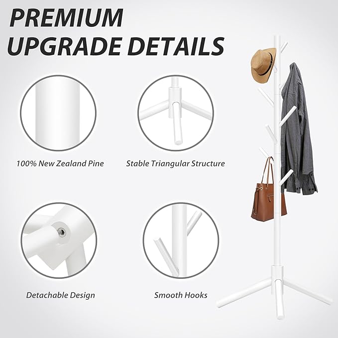 Unisakey Durable Wooden Coat Rack, Freestanding Coat Rack with Stable Triangular Base, 8 Hooks & 3 Adjustable Heights, Simple Assembly for Bedroom, Hallway, Office(New White)
