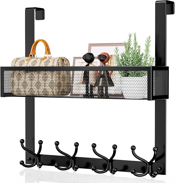 Consumest Over The Door Hooks Organizer - 2 Tier Over Door Hanger with 16 Hooks & 2 Baskets for Hanging Coat, Clothing, Towel, Back Storage for Bathroom, Closet, College Dorm, Black
