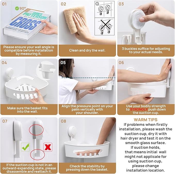 LEVERLOC Corner Shower Caddy Suction Cup, shower shelves suction cup, 2 Pack Basket Powerful Bathroom, Waterproof & Oil-proof Organizer for Kitchen, No-Drilling Removable