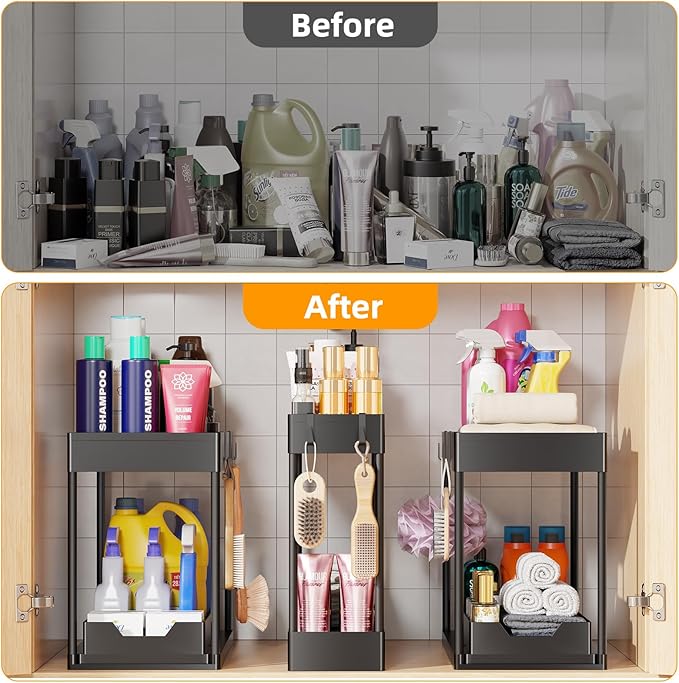 Simple Trending 3 Pack Under Sink Organizer, Pull-Out Cabinet Organizer Drawer, 2 Tier Multi-Purpose Slide Out Storage Shelf for Kitchen Bathroom, Black