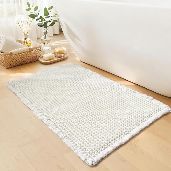 White Bathroom Rugs, Waffle Bath Mat Non Slip Washable, Super Absorbent & Quick Dry, Small Boho Bath Mat Farmhouse Bathroom Decor, 18'' x 30'', White