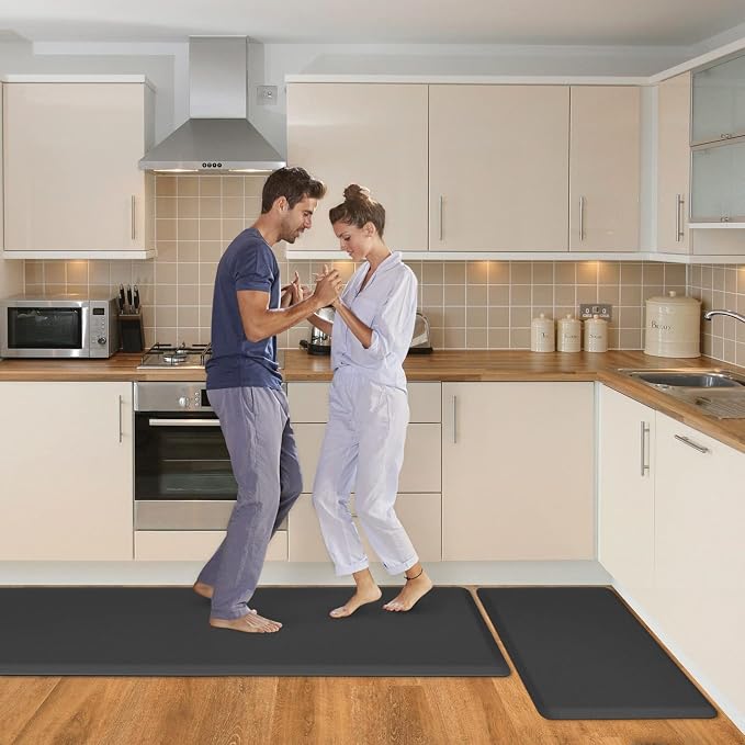 HappyTrends Kitchen Mat,17.3"x28"+17.3"x60" Black, Cushioned Comfort Anti-Fatigue Waterproof Floor Mat Kitchen Rugs, Thick Perfect Ergonomic Foam Standing mat for Kitchen, Home, Office, Laundry