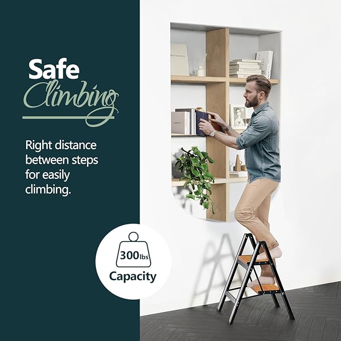 WOA WOA Step Ladder, Widening Pedals for Extra Balance, Lightweight Step Stool, Easy to Move Around, Foldable Ladder, Space Saving, Anti-Slip Stepladder 300 lbs Capacity (2 Step, Black & Wood Grain)