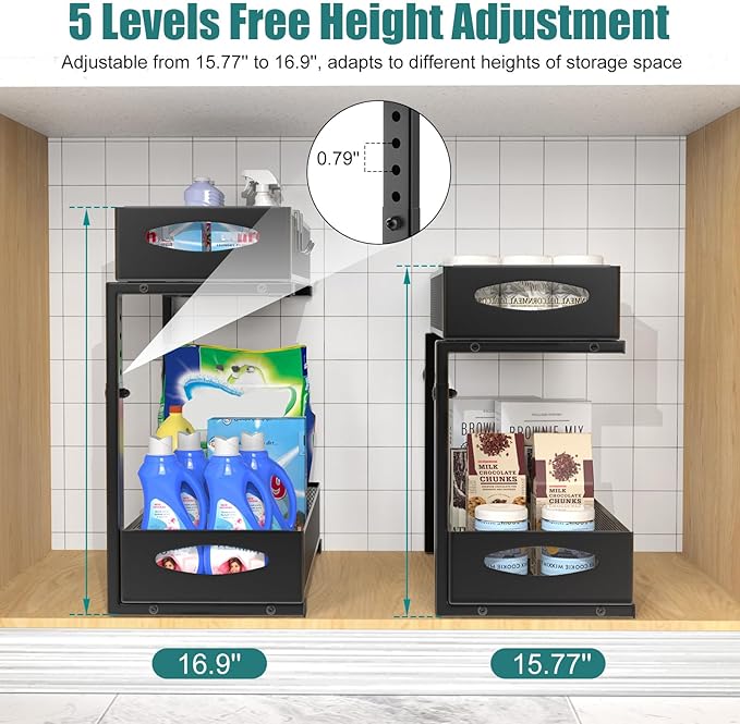 Housolution 2 Pack Under Sink Organizer, 2 Tier Metal Pull Out Under Sink Storage with Sliding Mesh Drawers, Height Adjustable Slide Out Under Sink Organizer for Kitchen Bathroom Cabinet, Black