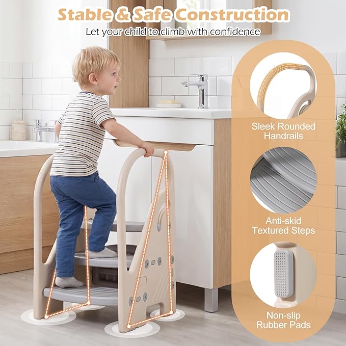 Costzon Toddler Step Stool for Bathroom Sink, Adjustable 3-Step Helper Stool for Kids with Non-Slip Pads, Plastic Ladder for Bedroom Kitchen Counter Potty Training (Grey, 17.5" L x 17" W x 27.5" H)
