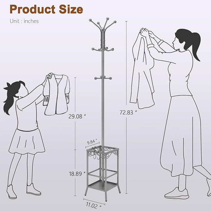 Hoctieon Coat Rack Freestanding With Umbrella Holder, Metal Coat Tree With 12 Hooks, Standing Hanger for Entryway, Hat Rack for Home Office, Gray